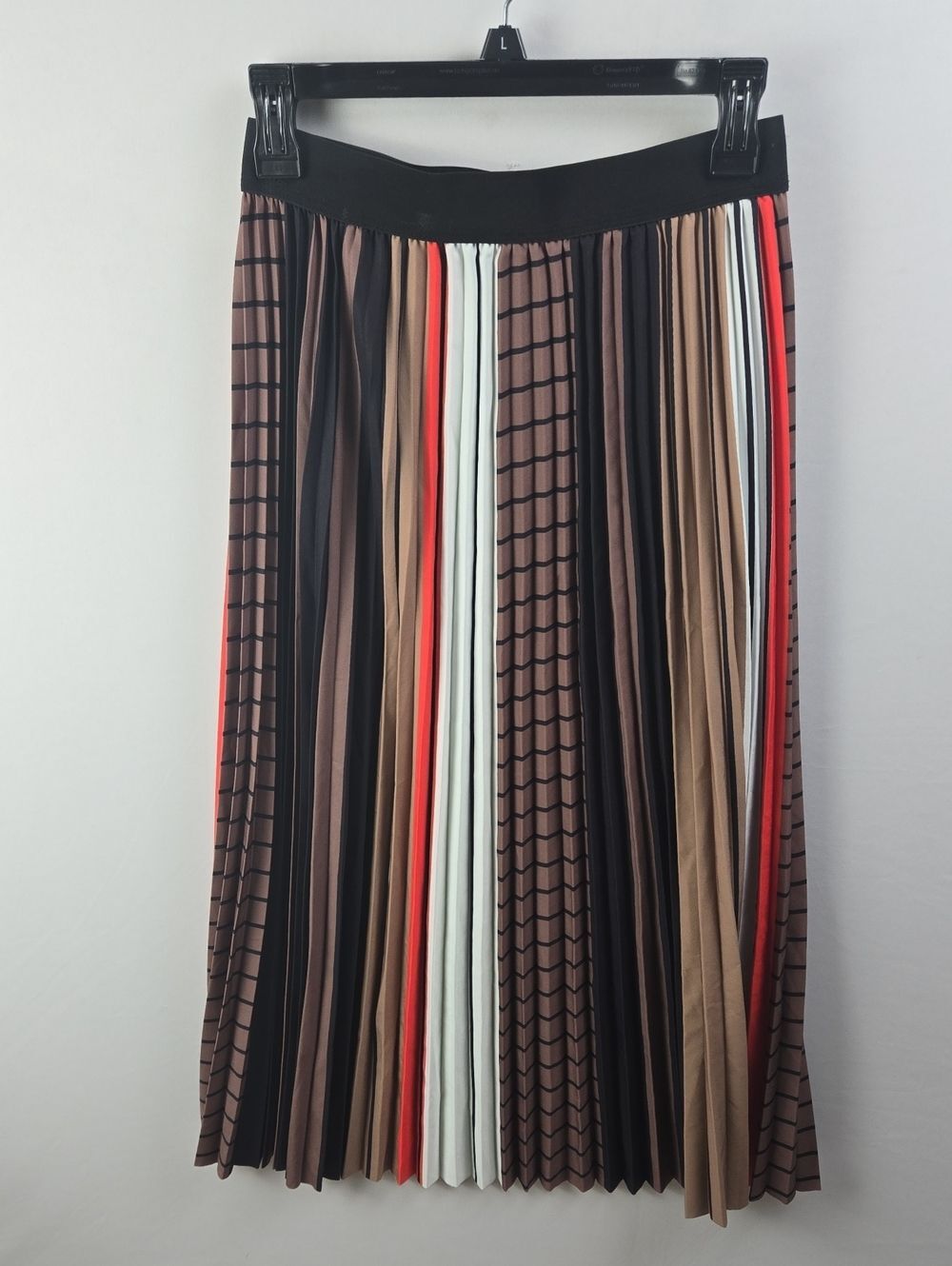 Women's Multi-Stripe Black Brown Orange Colorway Midi Pleated Skirt Sz M